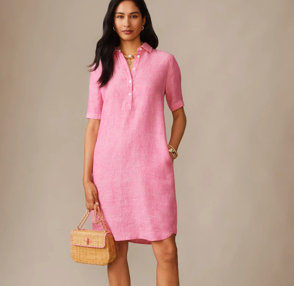 J.McLaughlin Arissa Peony Pink Linen Popover Shirt Dress Tie Waist Size L Coast
